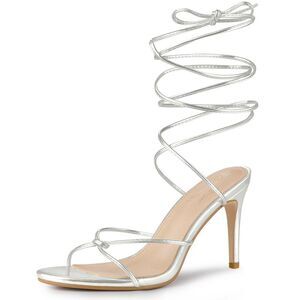 Lace Up Slingback Strappy Stiletto Heels Sandals Silver